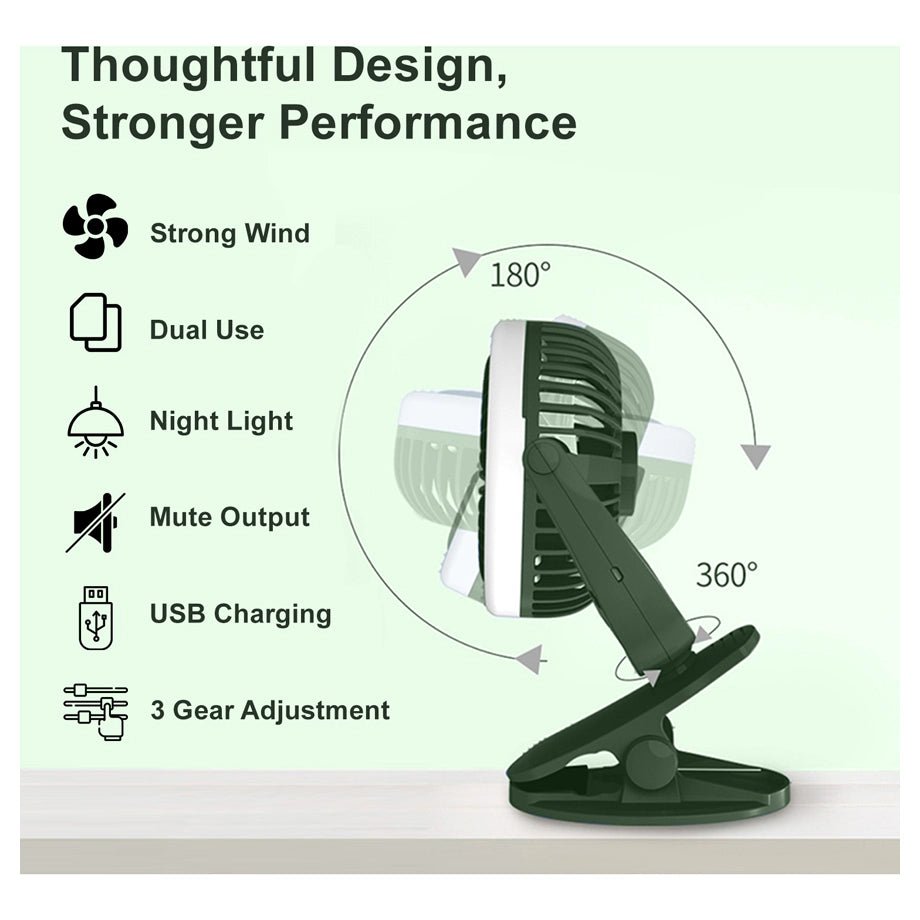 Teknum 2-in-1 Stroller USB Charging Fan with Light (Green)