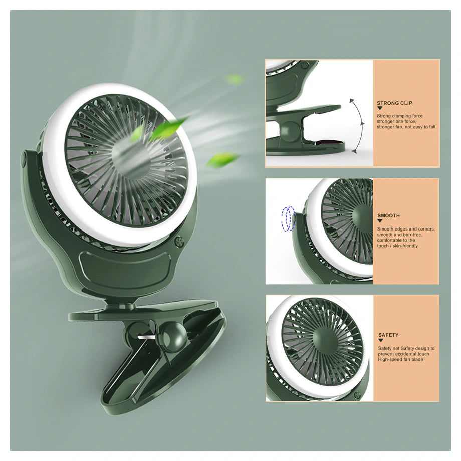 Teknum 2-in-1 Stroller USB Charging Fan with Light (Green)