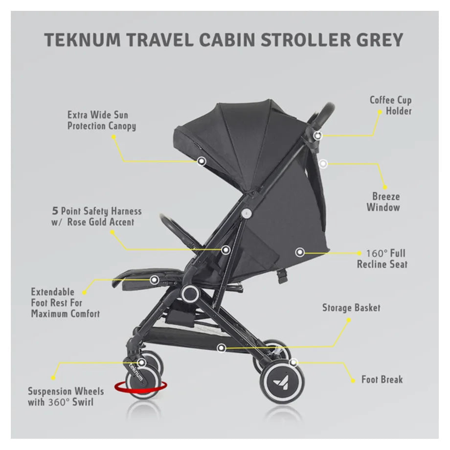 Teknum Travel Cabin Stroller with Coffee Cup Holder (Black)