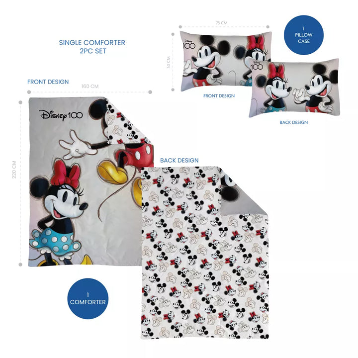 Disney Single Comforter x2 with 1 Pillow Case (Mickey and Minnie Mouse)