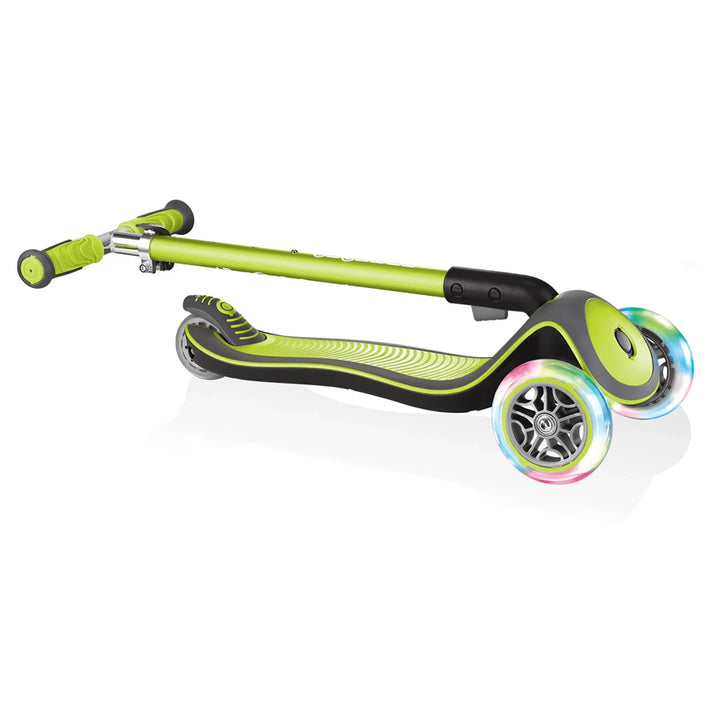 Globber Elite Deluxe Lights Foldable 3-Wheel Kick Scooter (Lime Green)