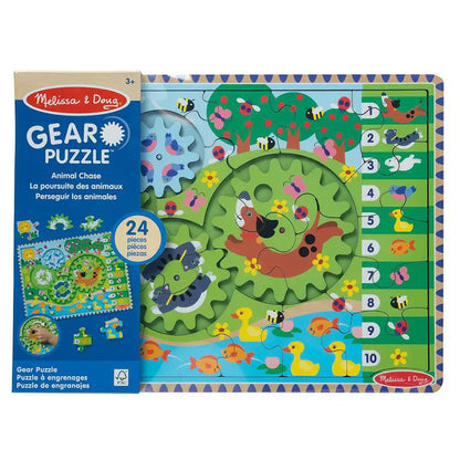 Melissa & Doug Animal Chase I-Spy Wooden Gear Puzzle Playset (24 Pieces)