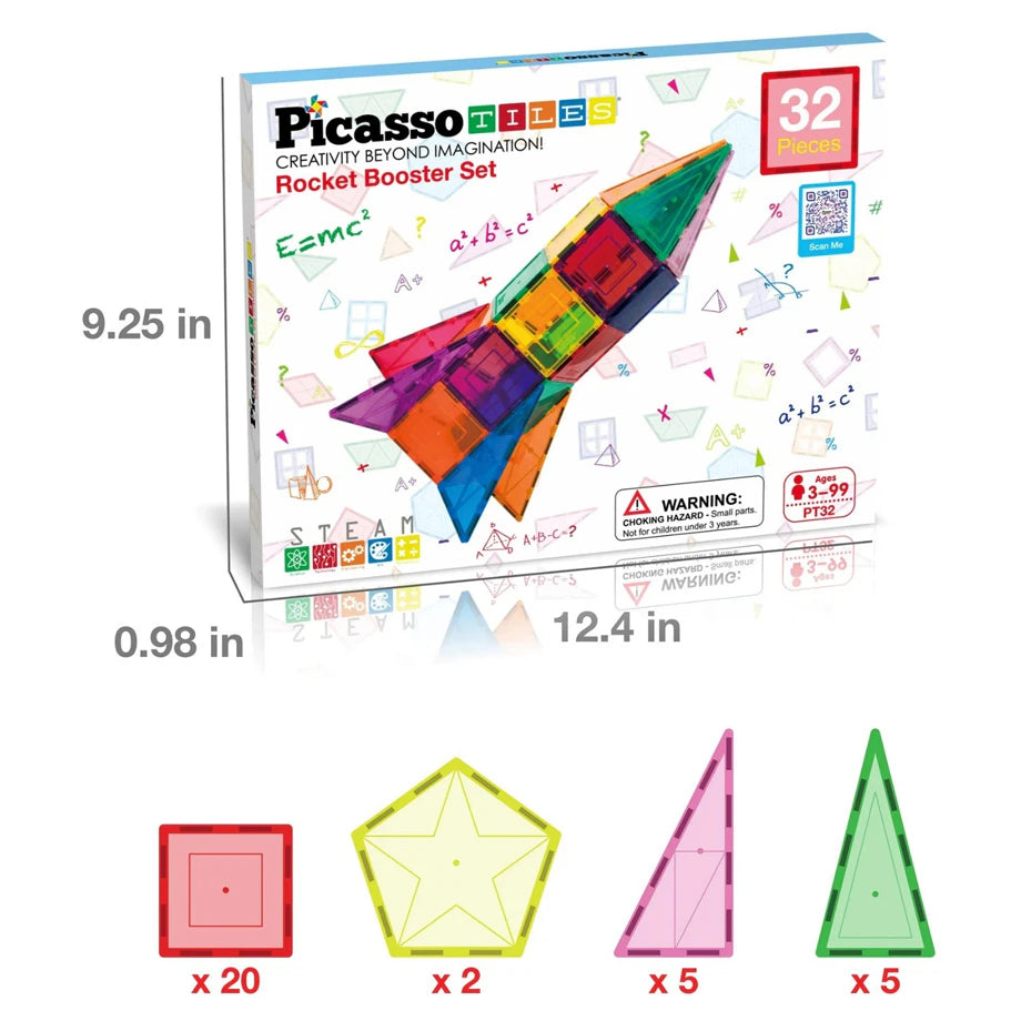 PicassoTiles Rocket Themed Magnetic Building Block Set (32 Pieces)