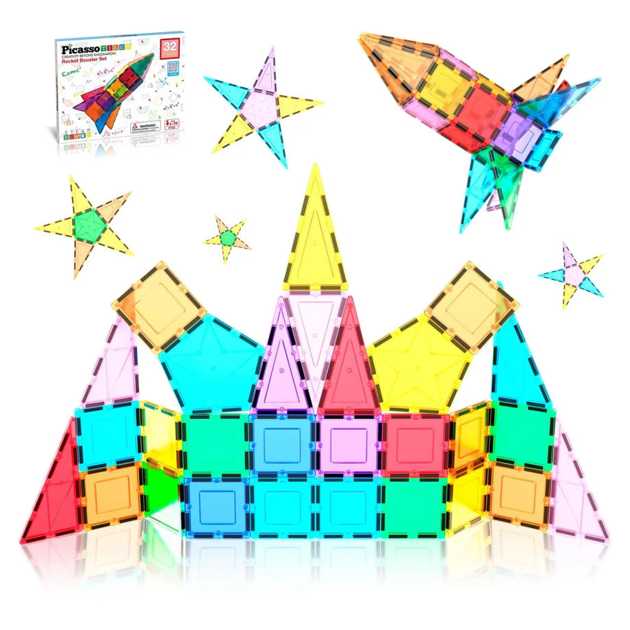 PicassoTiles Rocket Themed Magnetic Building Block Set (32 Pieces)