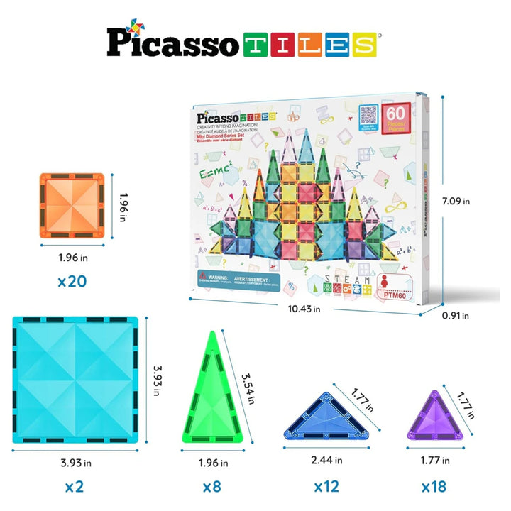 PicassoTiles Mini Diamond Collection Travel Size Magenetic Building Block Set (60 Pieces)