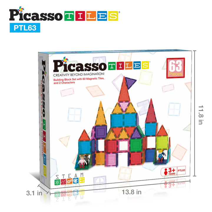 PicassoTiles Brick Block Magnetic Building Block Set with 2 Character Figures (63 Pieces)