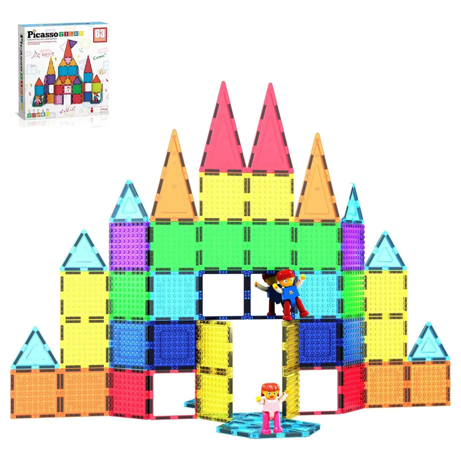 PicassoTiles Brick Block Magnetic Building Block Set with 2 Character Figures (63 Pieces)