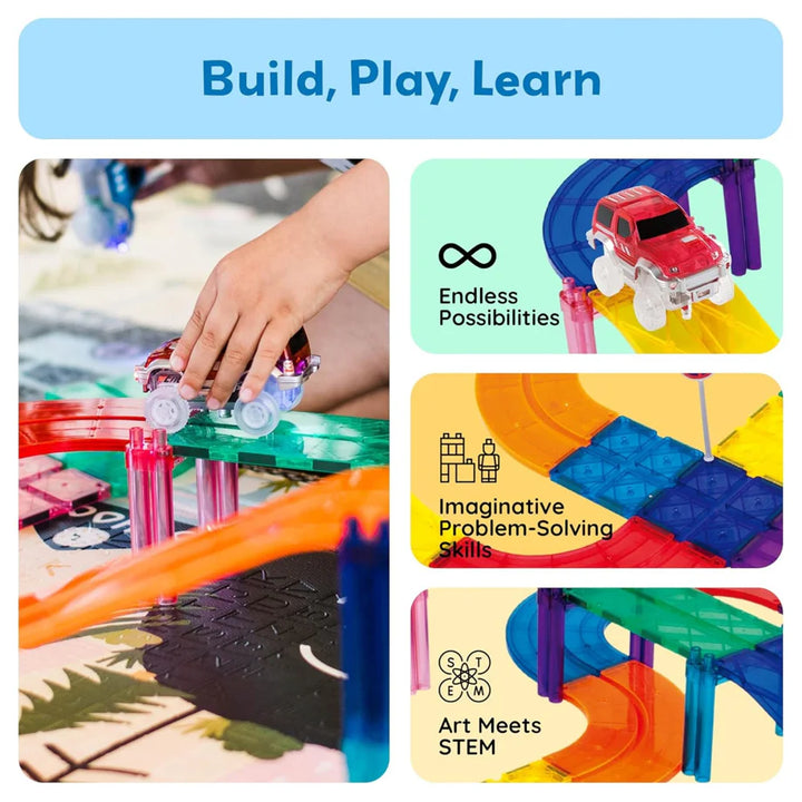 PicassoTiles Race Car Track Magnetic Building Blocks Set with 2 Toy Cars ( 30 pieces )