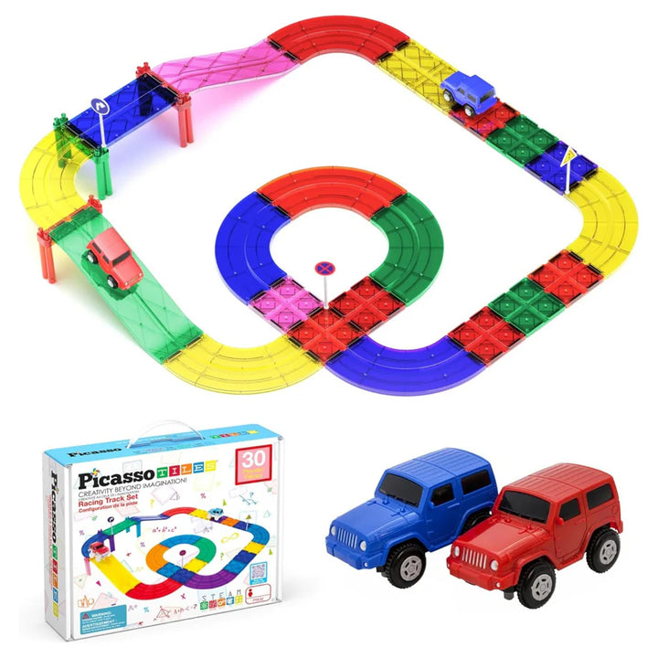 PicassoTiles Race Car Track Magnetic Building Blocks Set with 2 Toy Cars ( 30 pieces )