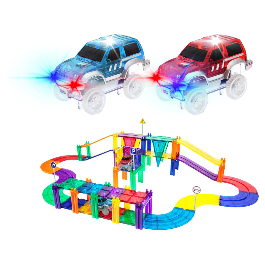 PicassoTiles Race Car Track Magnetic Building Blocks Set with 2 Toy LED Cars ( 50 pieces )