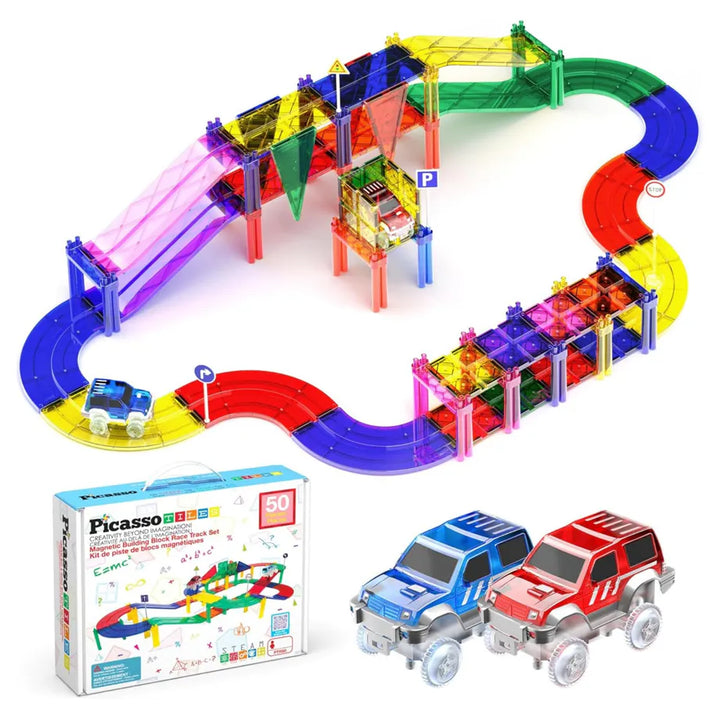PicassoTiles Race Car Track Magnetic Building Blocks Set with 2 Toy LED Cars ( 50 pieces )
