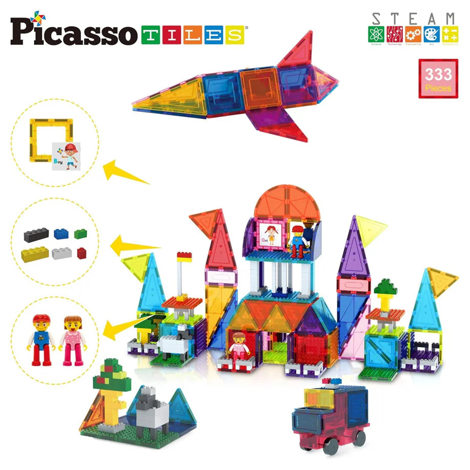 PicassoTiles Brick Blocks and Magnet Tile Combo Building Block Set (333 Pieces)