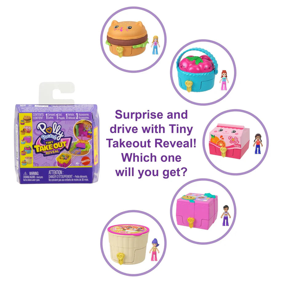 Polly Pocket Tiny Takeout Reveal Playset with Micro Dolls & Car (Assorted)