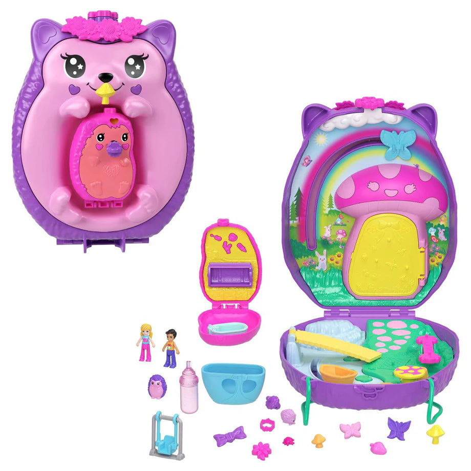 Polly Pocket Hedgehog Mom & Baby Purse 2-in-1 Travel Playset (18 Pieces)