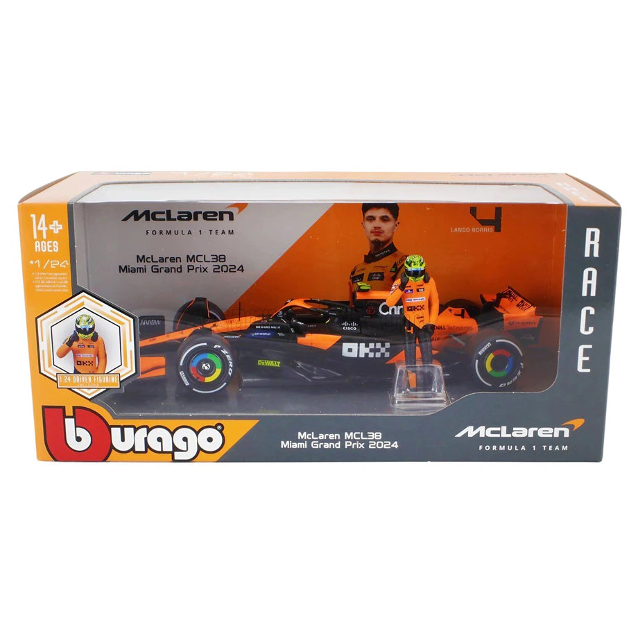 Bburago F1 Miami Grand Prix Mclaren  Lando Norris Die-Cast Car With Figure (Orange/Black)