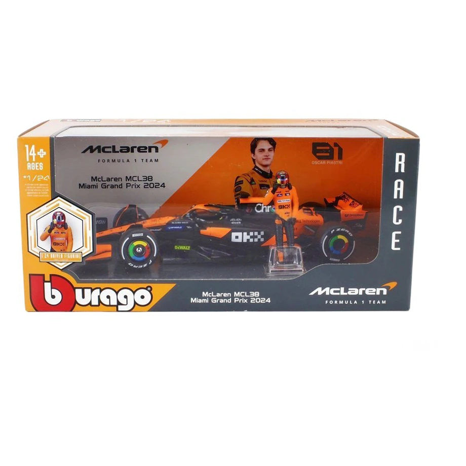 Bburago F1 Miami Grand Prix Mclaren Oscar Piastri Die-Cast Car With Figure (Orange/Black)