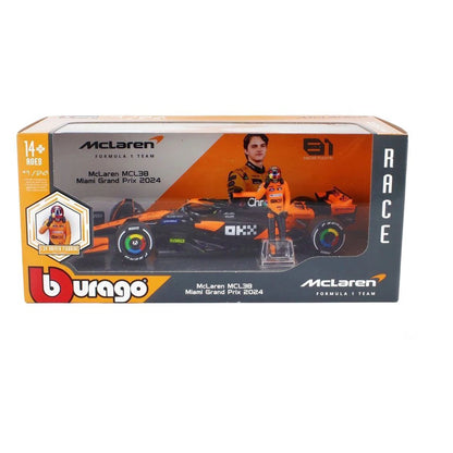 Bburago F1 Miami Grand Prix Mclaren Oscar Piastri Die-Cast Car With Figure (Orange/Black)