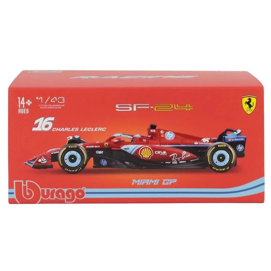 Bburago F1 Miami Grand Prix Ferrari Charles Leclerc Die-Cast Car With Driver Helmet (Red/Black)
