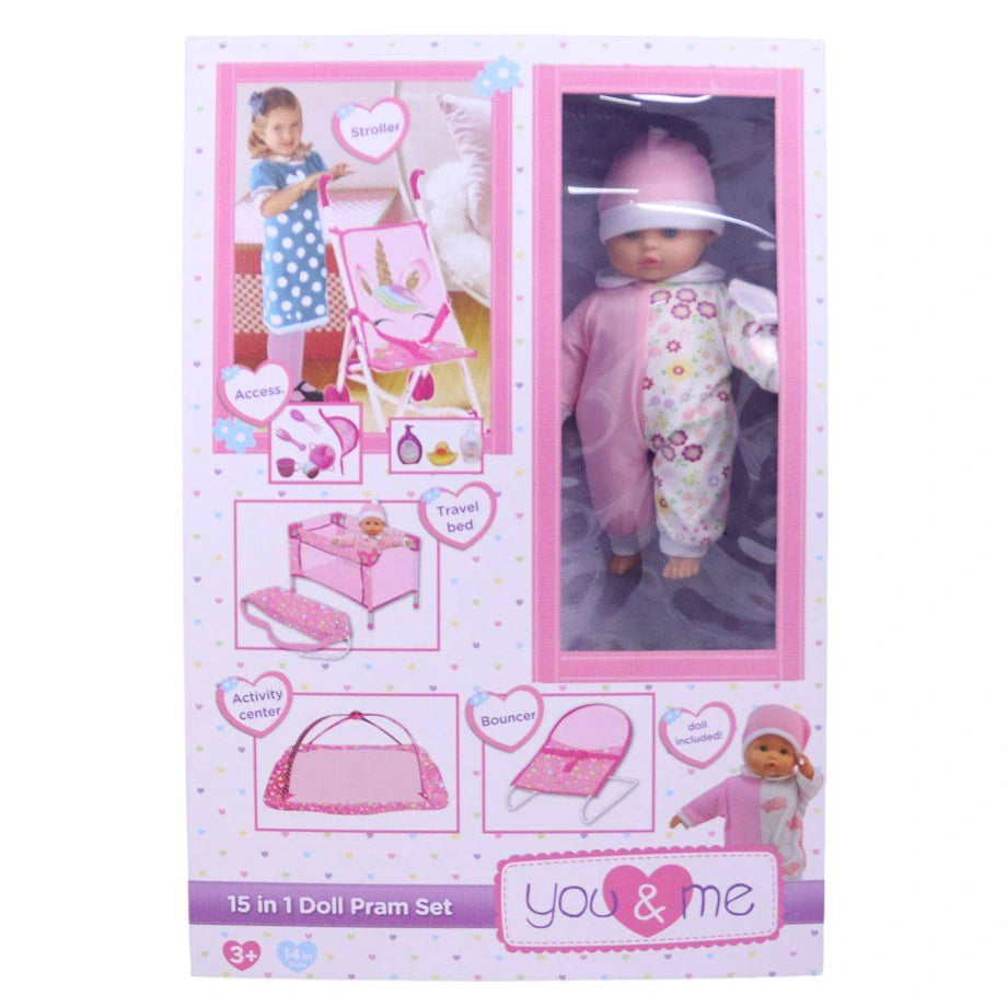 You & Me 15-In-1 Deluxe Doll Pram Playset (15 Pieces, 14 Cm)
