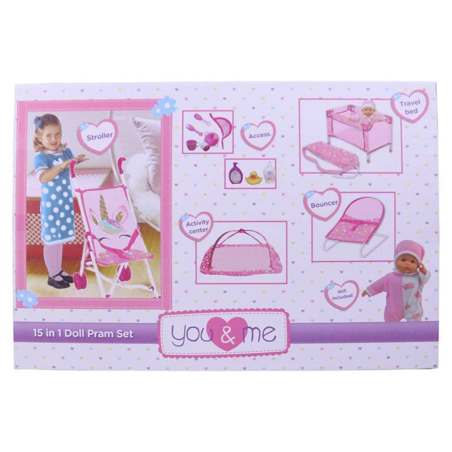You & Me 15-In-1 Deluxe Doll Pram Playset (15 Pieces, 14 Cm)