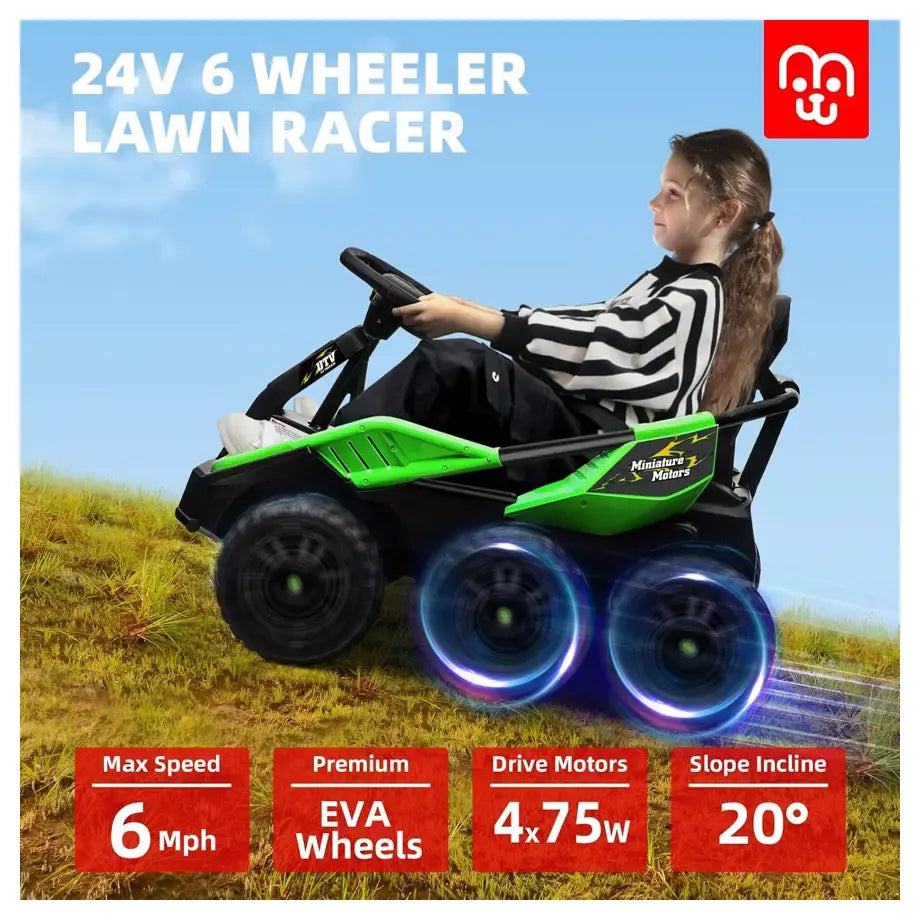 Miniature Motors 6-Wheeler Lawn Racer Ride-on Car (24V, Green/Black)