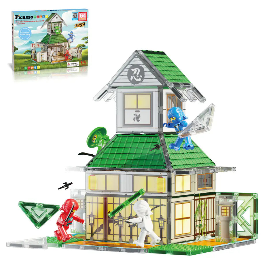PicassoTiles Ninja Dojo Magnetic Tiles Building Set (64 Pieces)