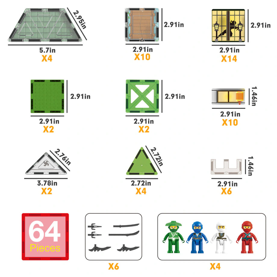 PicassoTiles Ninja Dojo Magnetic Tiles Building Set (64 Pieces)