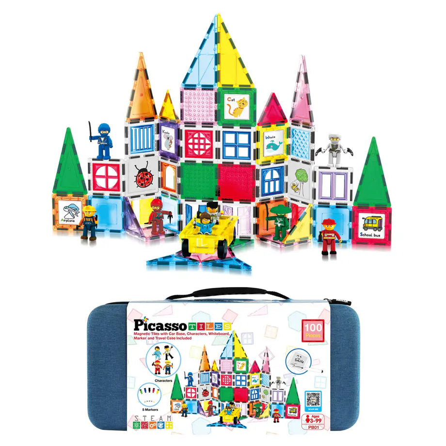 PicassoTiles Magnetic Tiles Creative Building Set with Carry Case (41.91 x 20.90 x 9.40 cm, 100 Pieces)