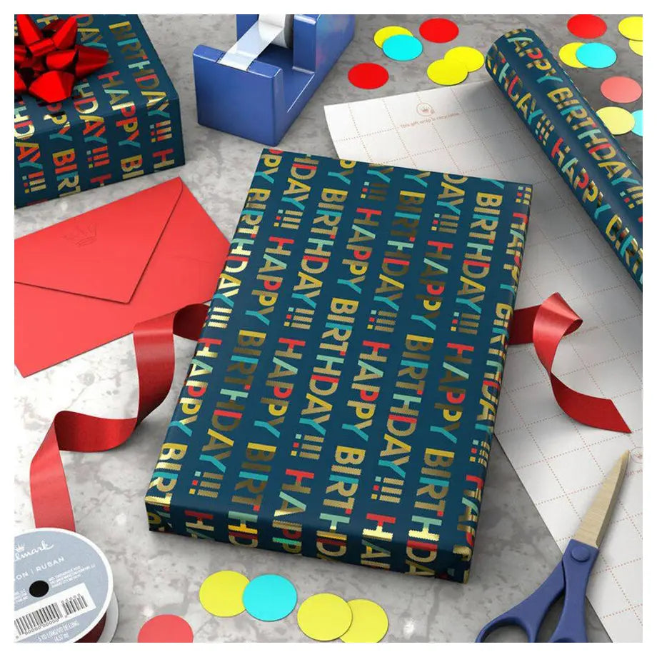 Hallmark Birthday All-Caps Happy Birthday Gift Roll Wrap (2 m, Navy Blue)