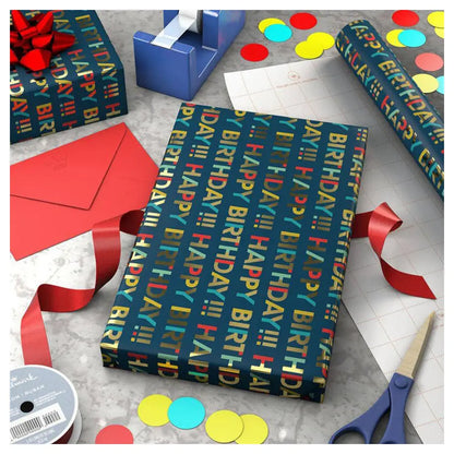 Hallmark Birthday All-Caps Happy Birthday Gift Roll Wrap (2 m, Navy Blue)