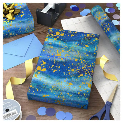 Hallmark Blue Watercolor With Gold Splatter Gift Roll Wrap (2 m)