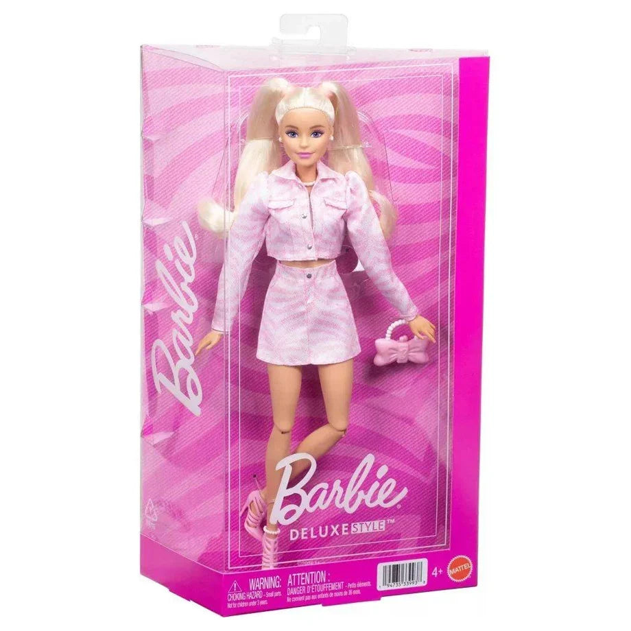 Mattel Barbie Deluxe Style Denim Jacket & Skirt Blonde Hair Fashion Doll (29.49 cm, Pink)