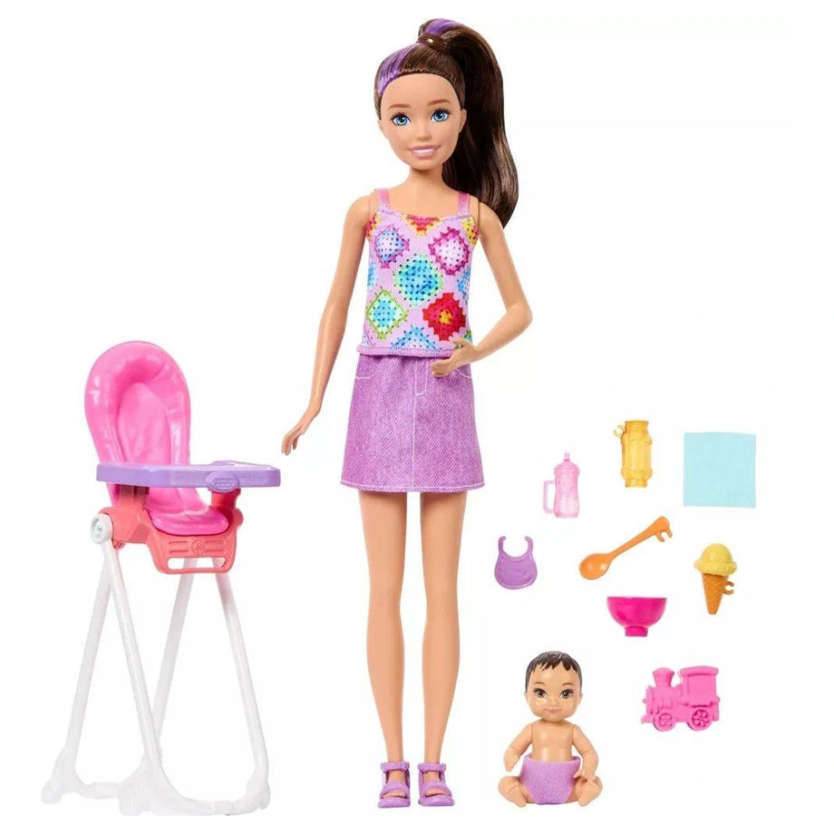 Mattel Barbie Family & Friends Skipper Babysitters Playset with Brunette Baby Doll (8 Accessories)