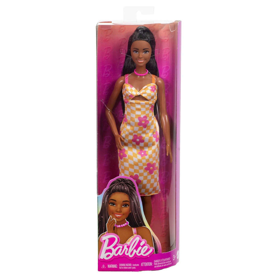 Barbie Fashionistas Doll – Flower Check Dress, Black Hair (30 cm)