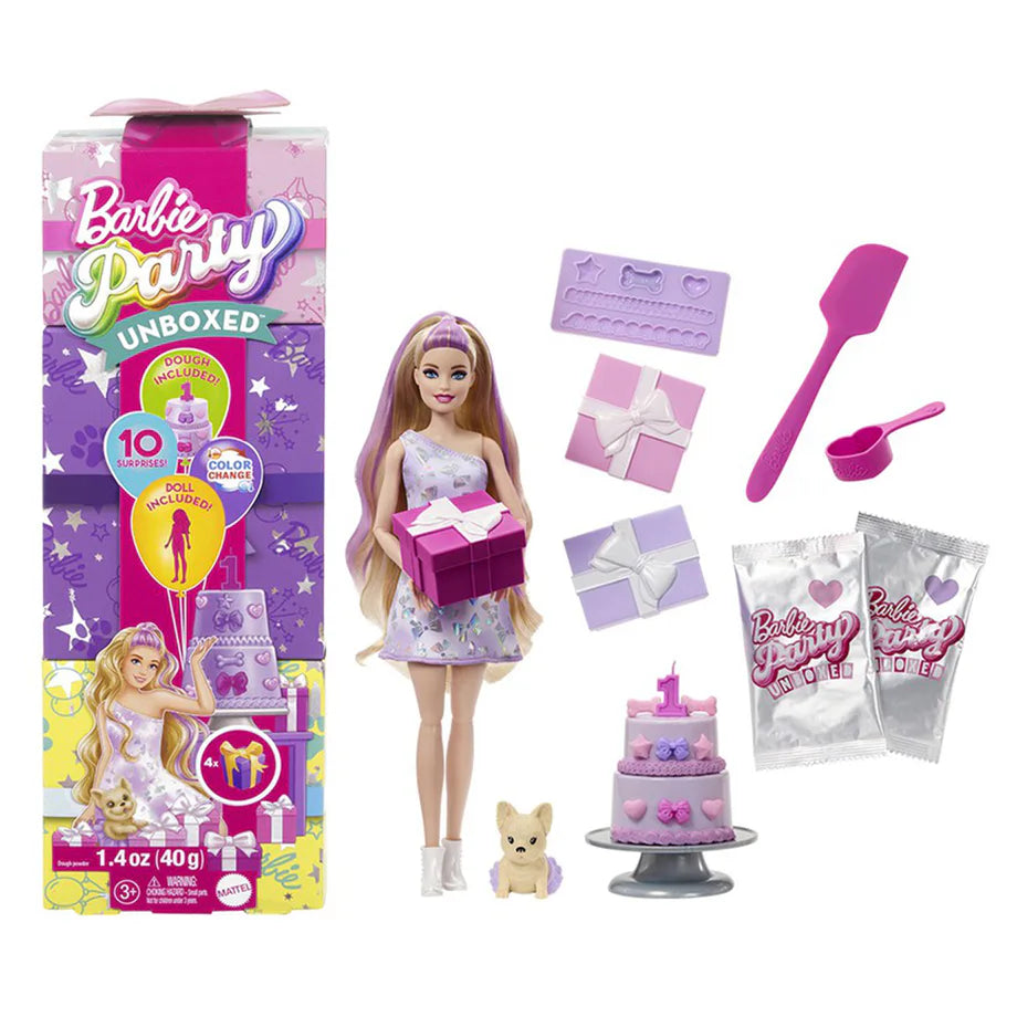 Barbie Party Unboxed Pet Birthday Bows Blonde Doll Playset (15 cm)