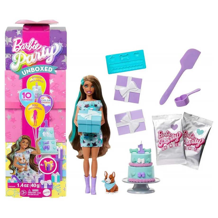 Barbie Party Unboxed Pet Birthday Bows Brunette Doll Playset (15 cm)