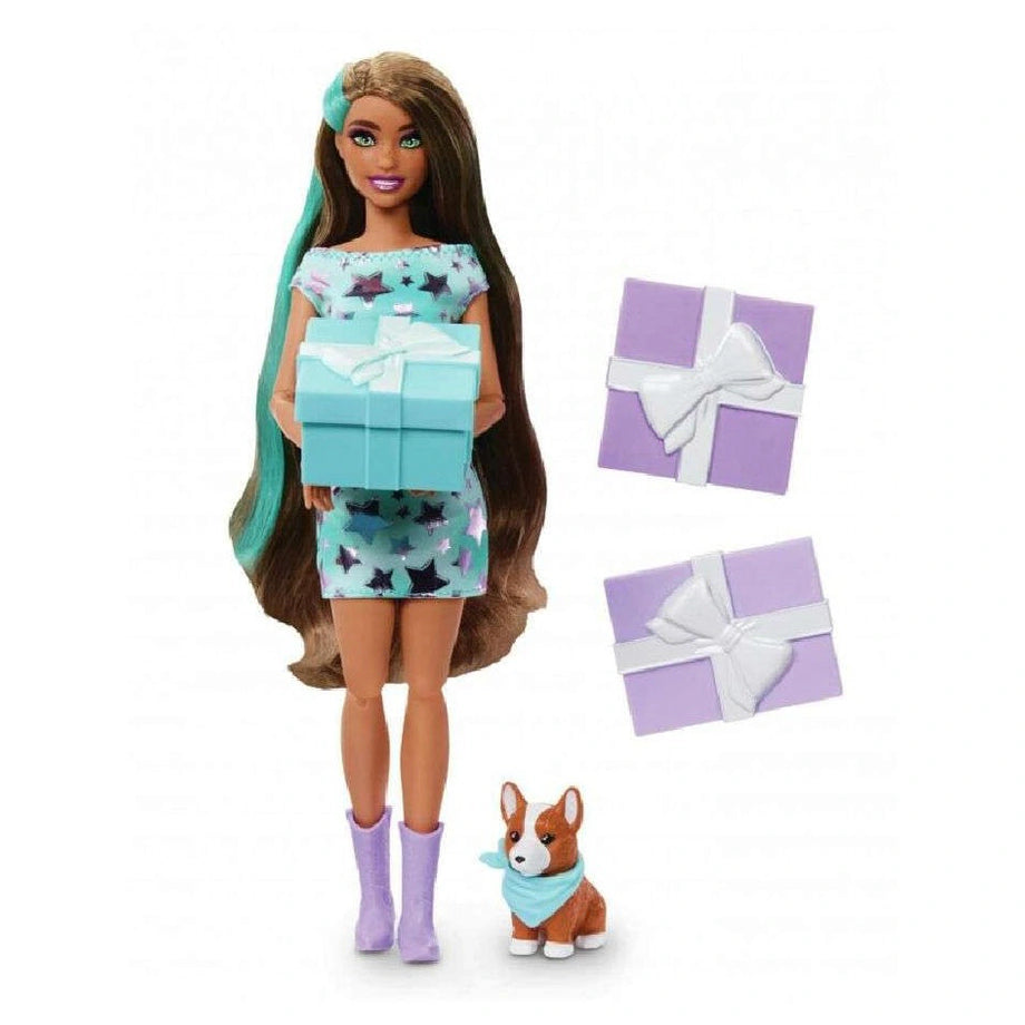 Barbie Party Unboxed Pet Birthday Bows Brunette Doll Playset (15 cm)