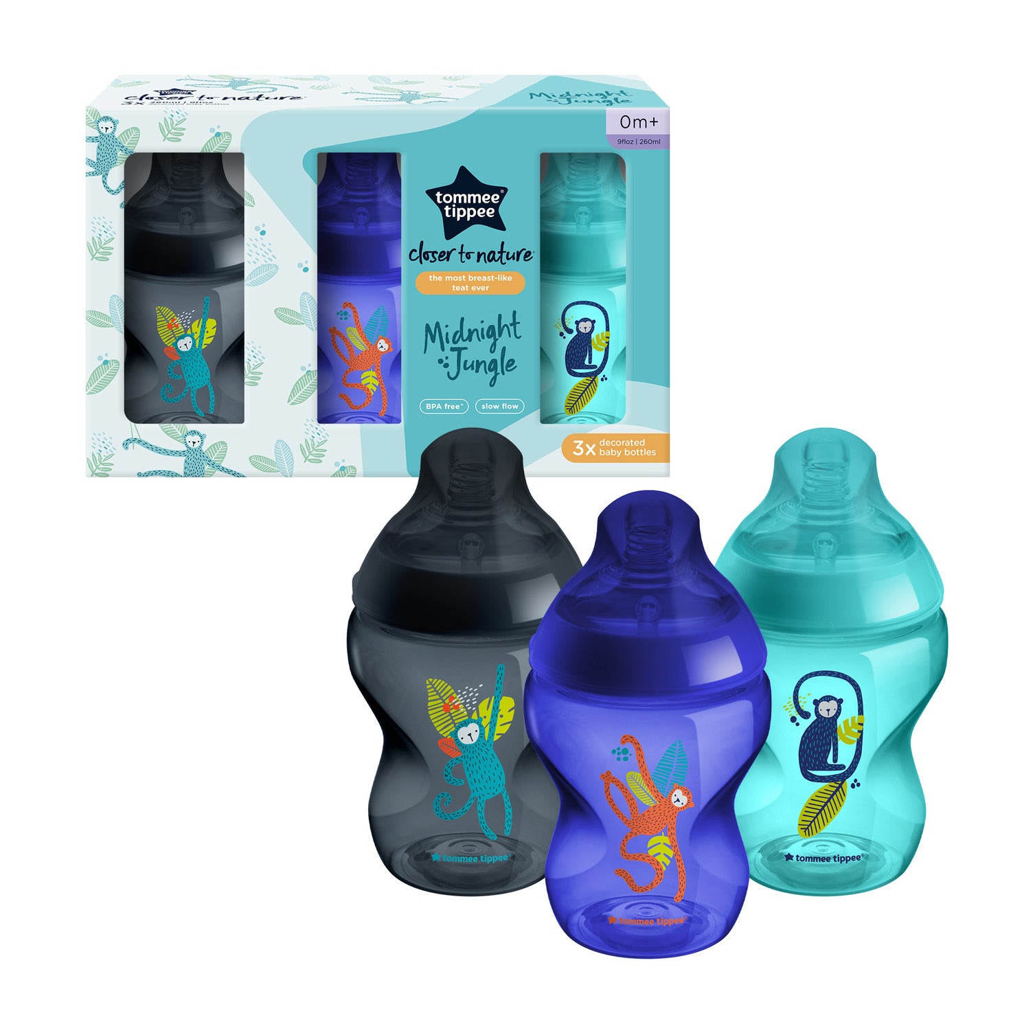 Tommee Tippee Closer To Nature Baby Bottles Breast Mimicking Nipple Anti Colic Valve 260ml, (Pack of 3) Blue