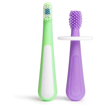 Ubbi 2-Stage Toothbrush Set (1 Training + 1 Bristled + 1 Choke Guard, Purple + Zest)