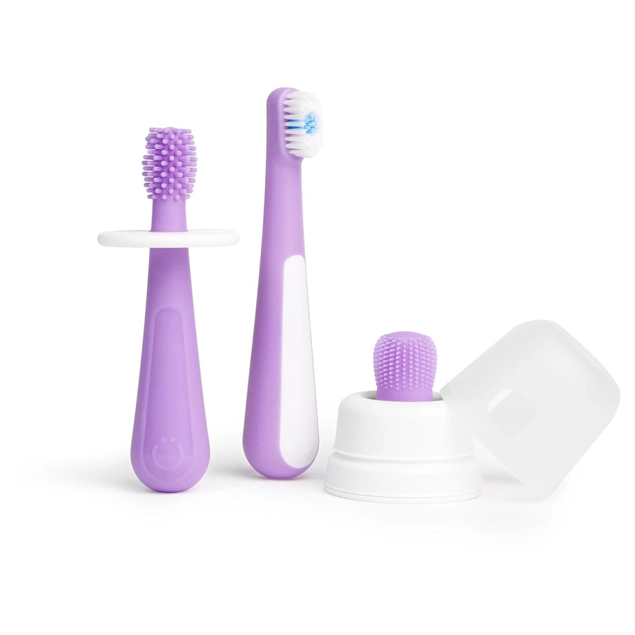 Ubbi 3-Stage Toothbrush Set (1 Finger + 1 Training + 1 Bristled + Choke Guard + Case, Purple)