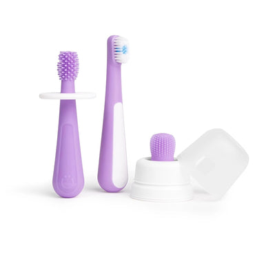 Ubbi 3-Stage Toothbrush Set (1 Finger + 1 Training + 1 Bristled + Choke Guard + Case, Purple)
