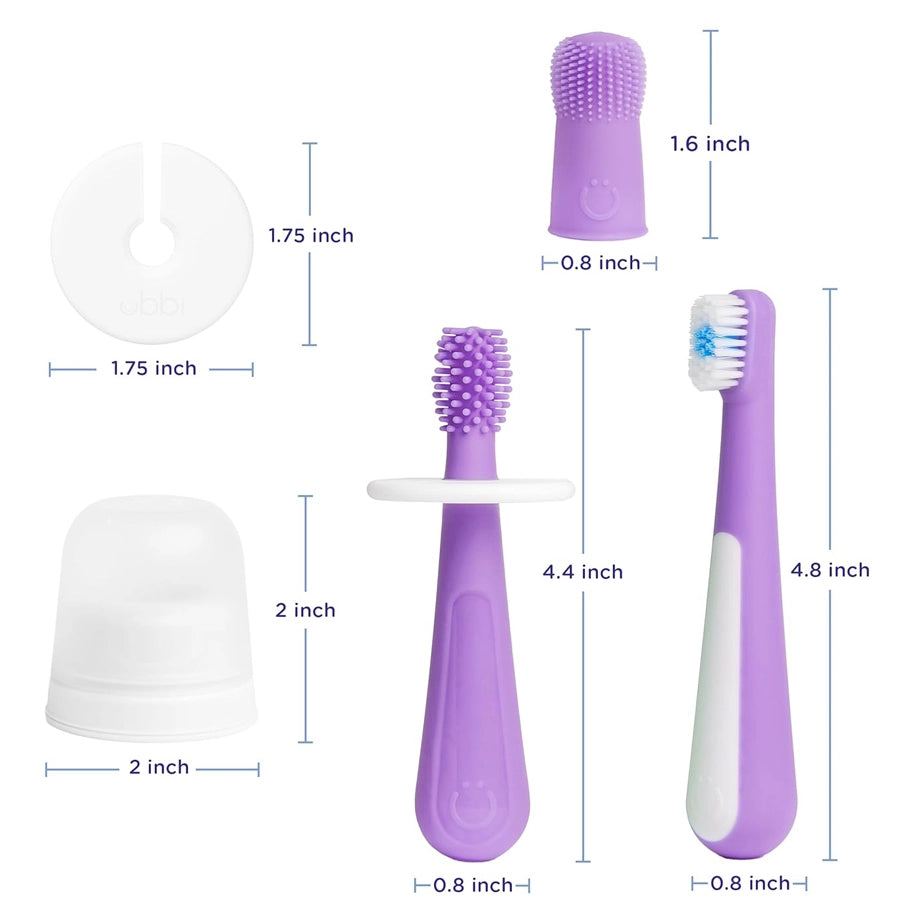 Ubbi 3-Stage Toothbrush Set (1 Finger + 1 Training + 1 Bristled + Choke Guard + Case, Purple)