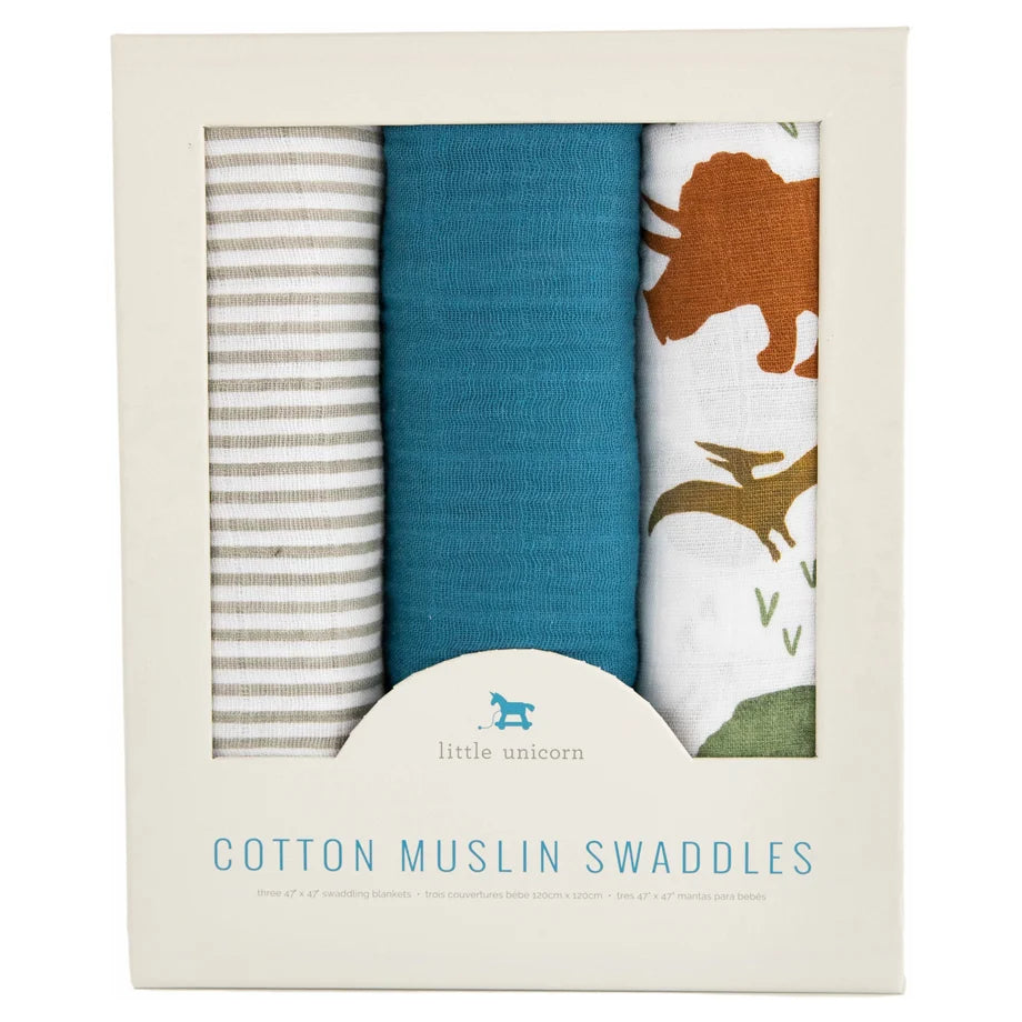 Little Unicorn 3-Pack Cotton Muslin Swaddle Set (Dino Friends 2)