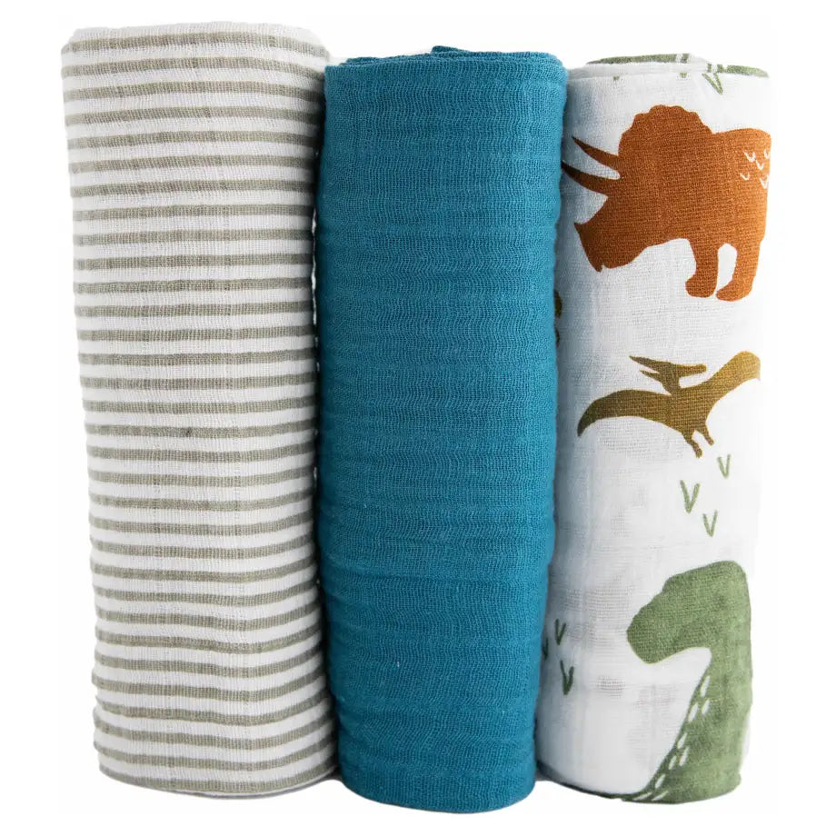 Little Unicorn 3-Pack Cotton Muslin Swaddle Set (Dino Friends 2)