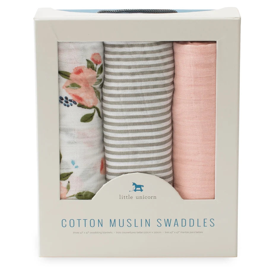Little Unicorn 3-Pack Cotton Muslin Swaddle Set (Watercolor Roses 2)