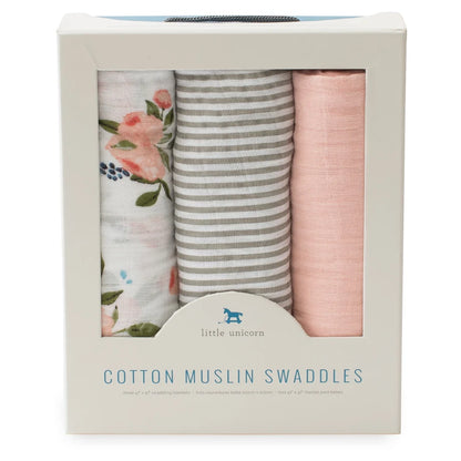 Little Unicorn 3-Pack Cotton Muslin Swaddle Set (Watercolor Roses 2)