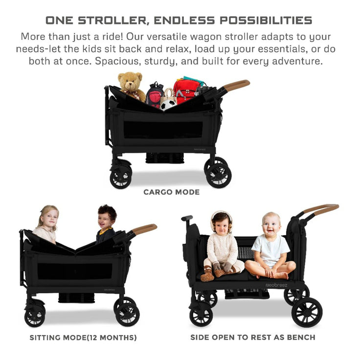Neobreez Advi Wagon Stroller For 2 Kids with Canopy (Black)