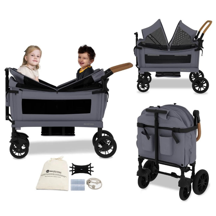 Neobreez Advi Wagon Stroller For 2 Kids with Canopy (Dark Grey)