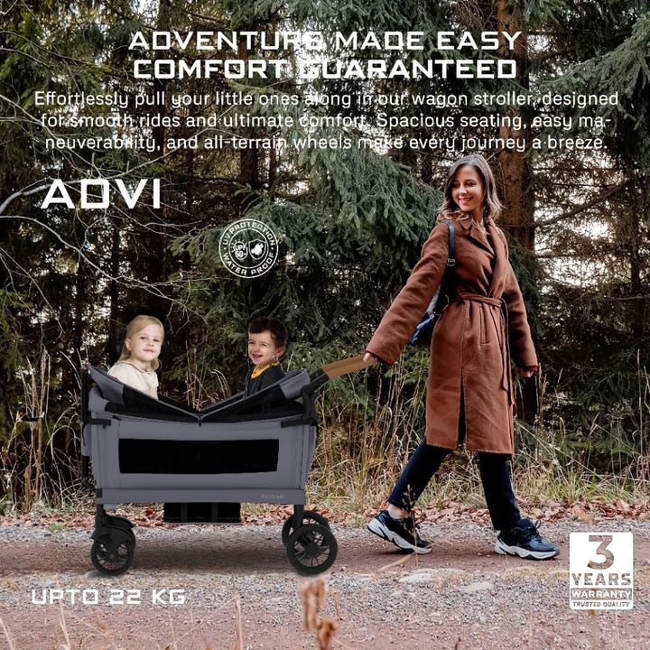 Neobreez Advi Wagon Stroller For 2 Kids with Canopy (Dark Grey)