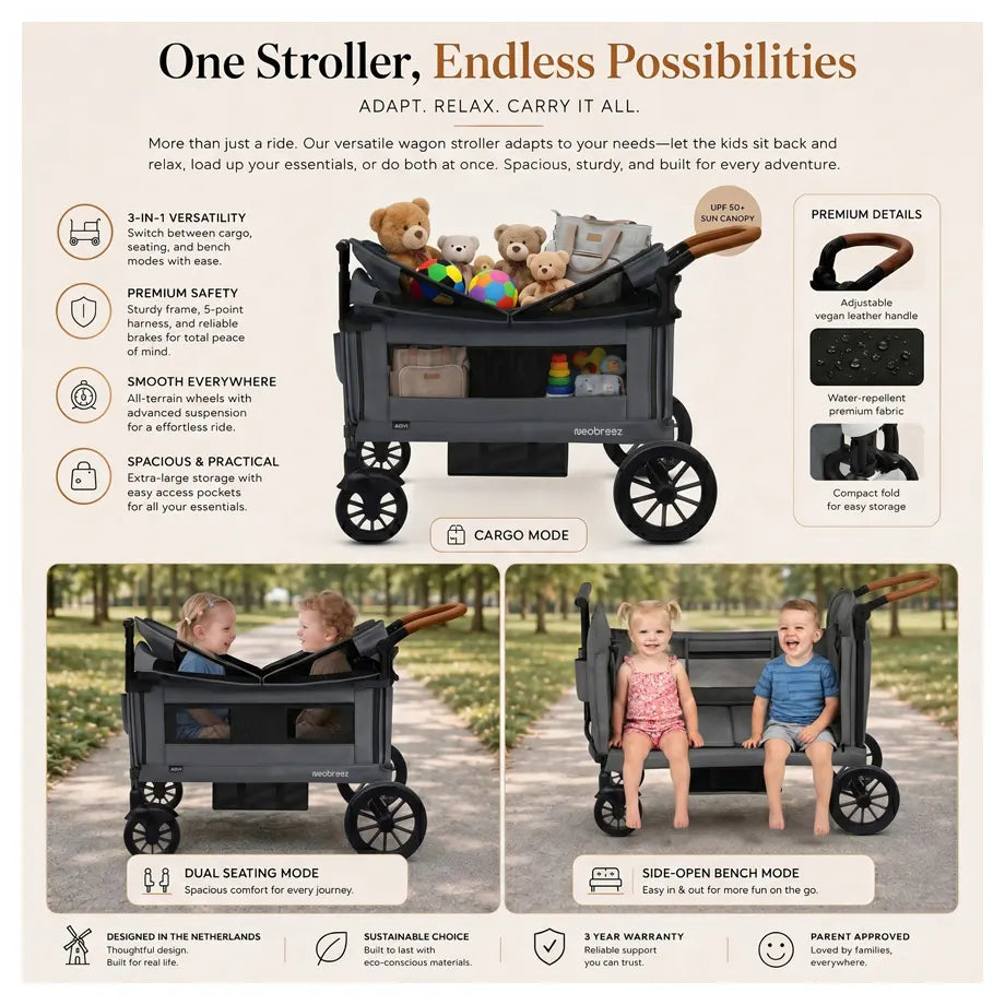 Neobreez - ADVI Wagon Cargo Push & Pull Foldable Double Stroller (Dark Grey)